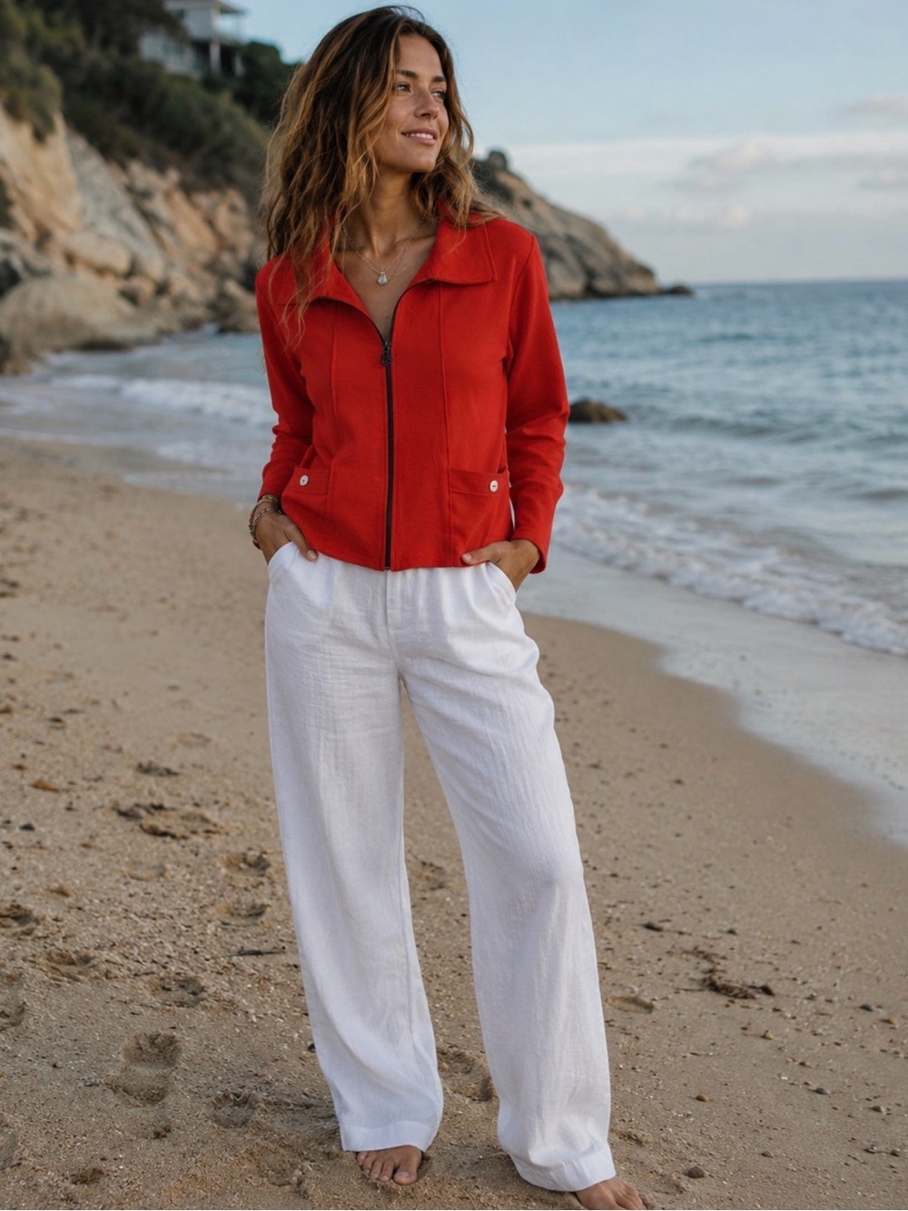 Coral Bay Cotten Blend Red Zip-Front Jacket with Collar